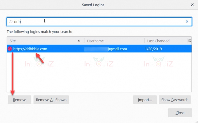 คลิกเลือกเว็บไซต์ที่ต้องการลบรหัสผ่านออกจาก firefox แล้วคลิกปุ่ม Remove หรือลบ