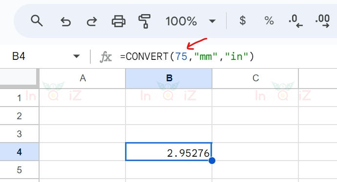 แปลง 75 มิลลิเมตรเป็นนิ้ว โดยใช้ Excel หรือ Google Sheets