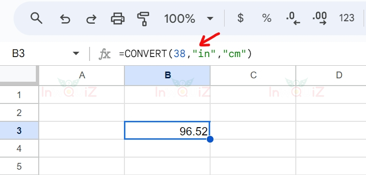 แปลง 38 นิ้วเป็นเซนติเมตร โดยใช้ Excel หรือ Google Sheets