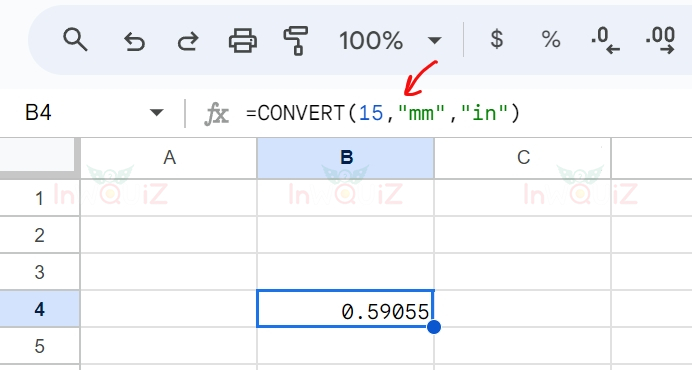 แปลง 15 มิลลิเมตรเป็นนิ้ว โดยใช้ Excel หรือ Google Sheets