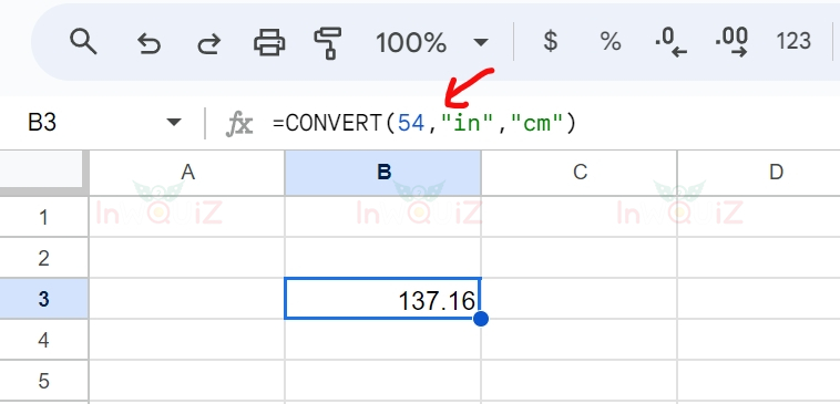 แปลง 54 นิ้วเป็นเซนติเมตร โดยใช้ Excel หรือ Google Sheets