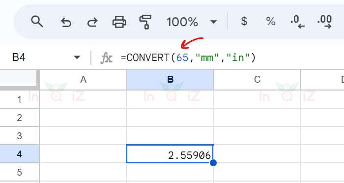 แปลง 65 มิลลิเมตรเป็นนิ้ว โดยใช้ Excel หรือ Google Sheets