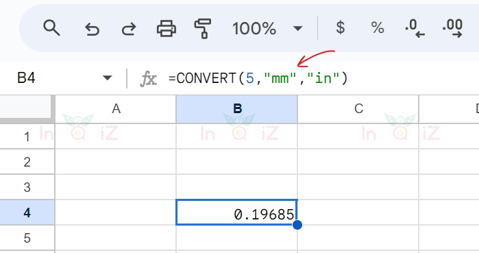 แปลง 5 มิลลิเมตรเป็นนิ้ว โดยใช้ Excel หรือ Google Sheets