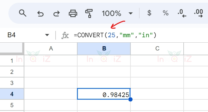 แปลง 25 มิลลิเมตรเป็นนิ้ว โดยใช้ Excel หรือ Google Sheets