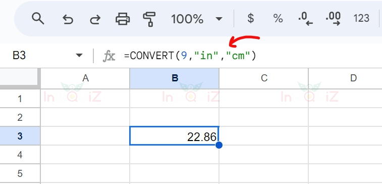 แปลง 9 นิ้วเป็นเซนติเมตร โดยใช้ Excel หรือ Google Sheets