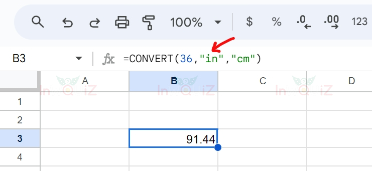 แปลง 36 นิ้วเป็นเซนติเมตร โดยใช้ Excel หรือ Google Sheets