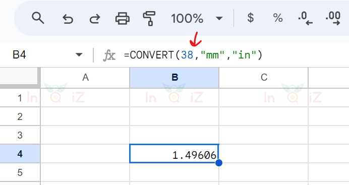 แปลง 38 มิลลิเมตรเป็นนิ้ว โดยใช้ Excel หรือ Google Sheets