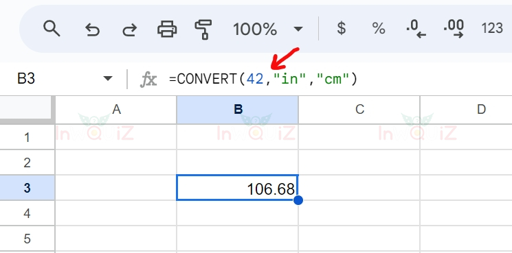 แปลง 42 นิ้วเป็นเซนติเมตร โดยใช้ Excel หรือ Google Sheets