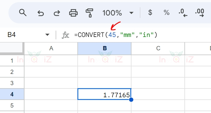 แปลง 45 มิลลิเมตรเป็นนิ้ว โดยใช้ Excel หรือ Google Sheets