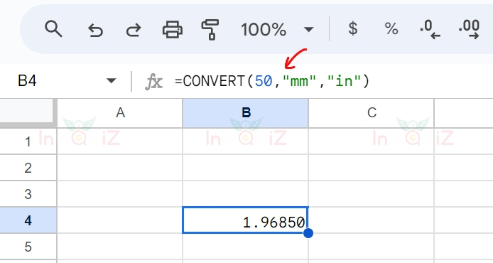 แปลง 50 มิลลิเมตรเป็นนิ้ว โดยใช้ Excel หรือ Google Sheets